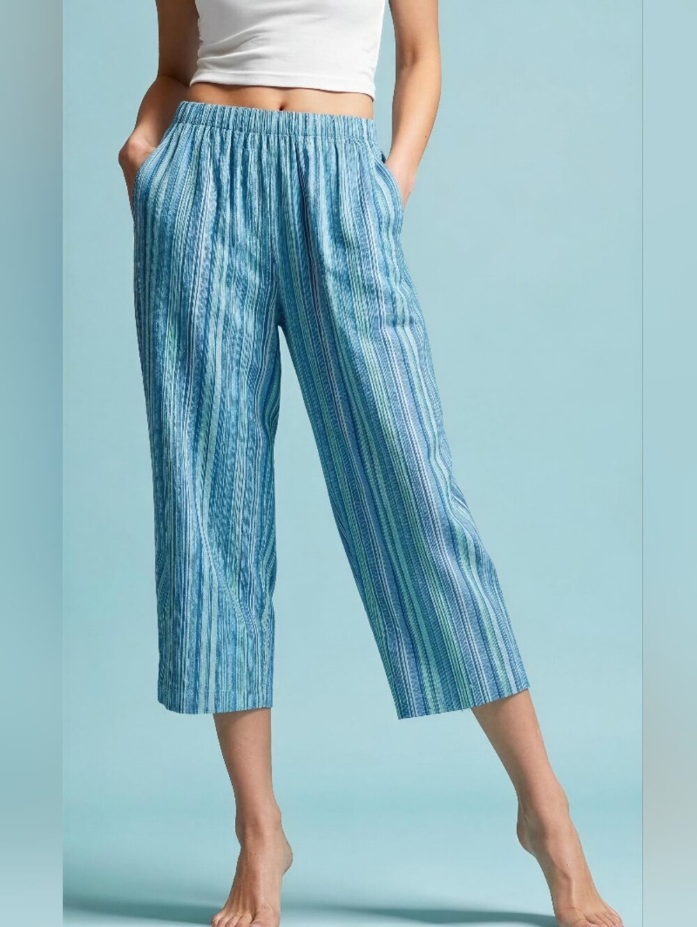 BONWORTH Blue & Green Striped Wide-Leg Pants SIZE XL